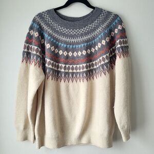 Emery Rose Fair Isle Cream and Grey Patterned Knit Sweater Sz Large